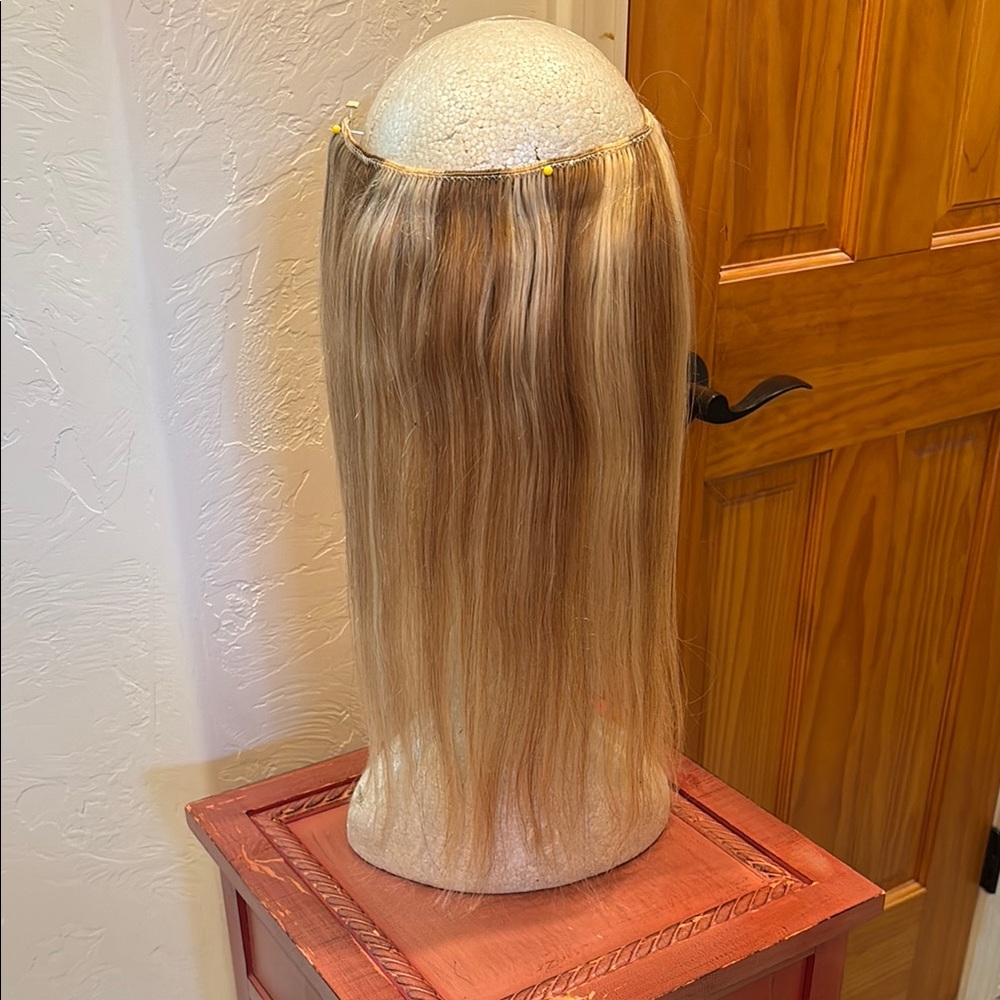 Human Hair Dimensional Blonde Halo Loop Hair Piece 16” Long, Never Used